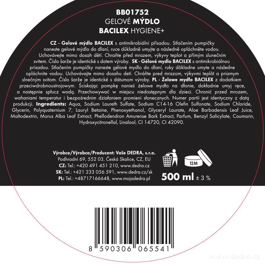 Gelové mýdlo s antimikrobiální přísadou, 500 ml, BACILEX 1